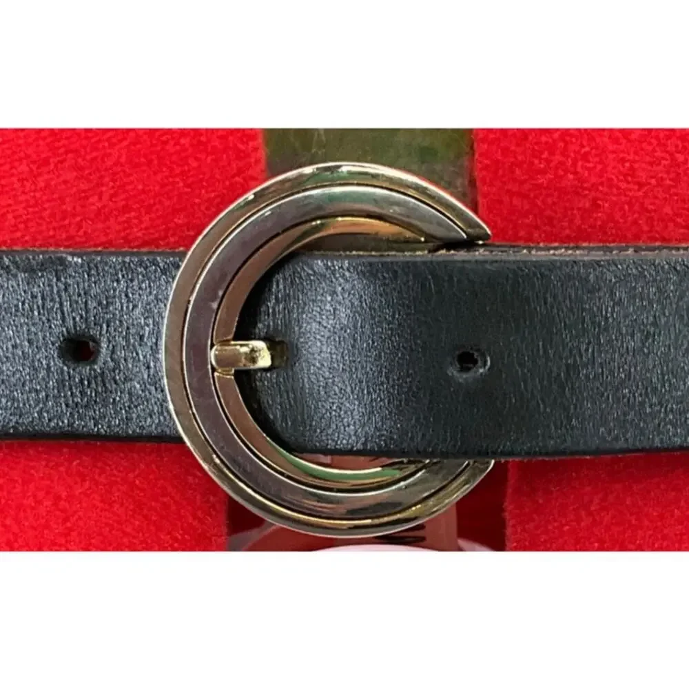 Vintage 90s Black Leather Brass Round Buckle Belt Women 31.5”-35.5”